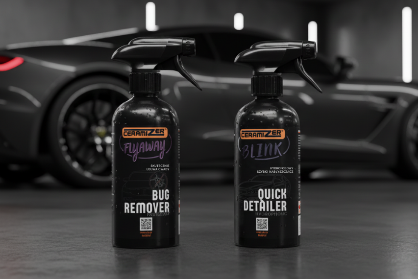 Preparaty Ceramizer FLYAWAY i BLINK ustawione przed samochodem, stosowane do usuwania trudnych zabrudzeń i pielęgnacji lakieru