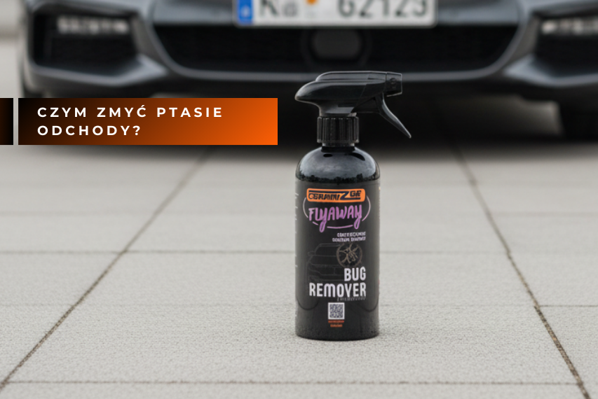 Preparat Ceramizer FLYAWAY stojący przed samochodem jako skuteczne rozwiązanie do zmywania ptasich odchodów z lakieru